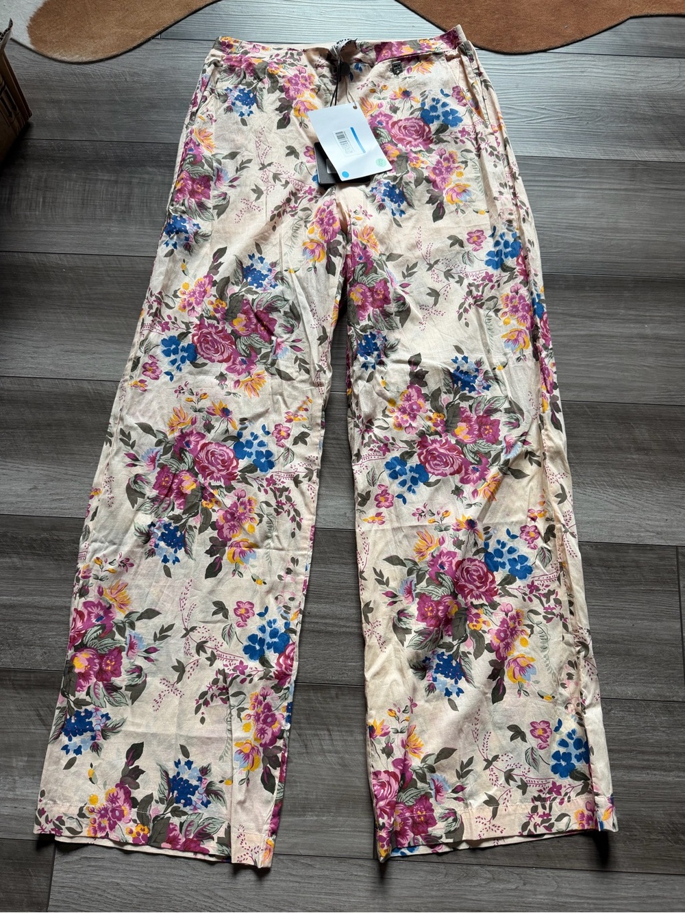 Twin-Set Floral Wide-Leg Lounge Pants in Cream with Pink, Blue, Yellow S